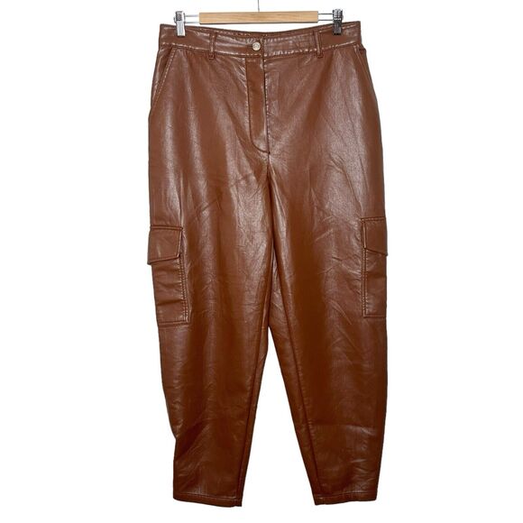 Aritzia Wilfred Faux Leather Cargo Pants Brown Womens 12 Barrel Leg Vegan - Picture 1 of 10
